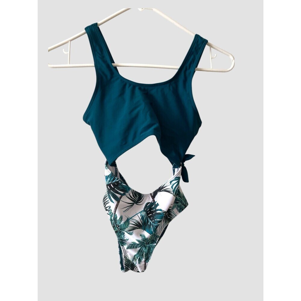 Shein Kids Size 150 11-12 Yrs One Piece Swim Suit Solid Top Leaves Bottom Print